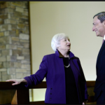 Janet Yellen, chairman of the US Federal Reserve, left, speaks with Mario Draghi, president of the European Central Bank, during the Jackson Hole economic