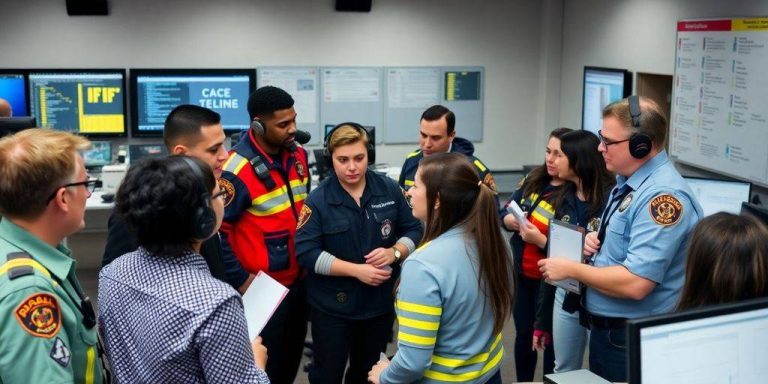 Emergency responders collaborating in a command center.