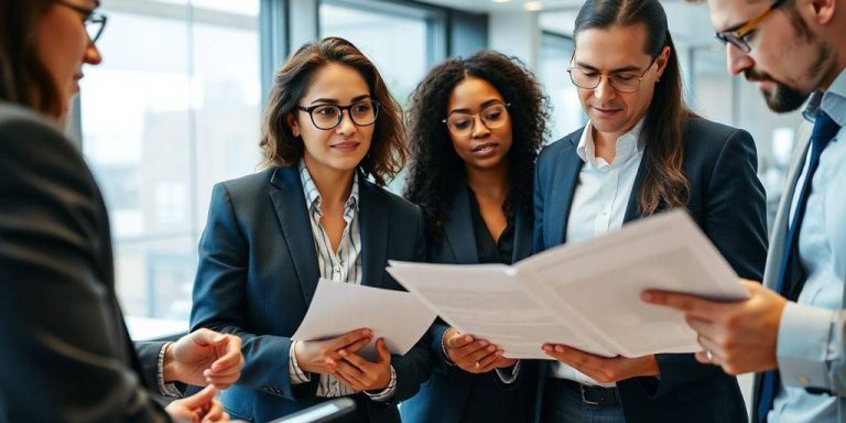 Group of investors discussing financial documents in an office.