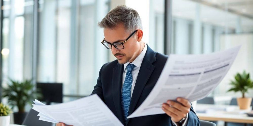Business professional analyzing financial documents in an office.