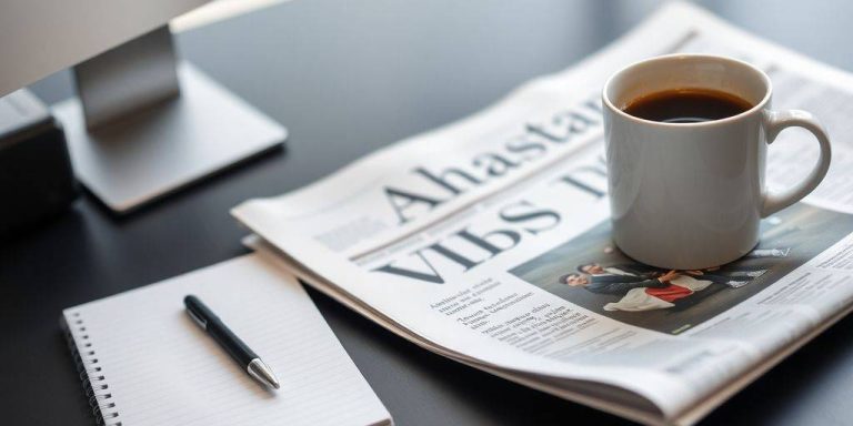 Newspaper on a modern desk with coffee and notepad.