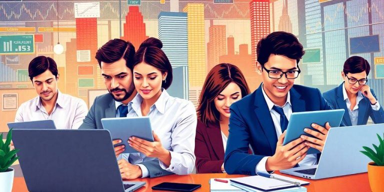 Diverse professionals engaged with technology in a digital workspace.