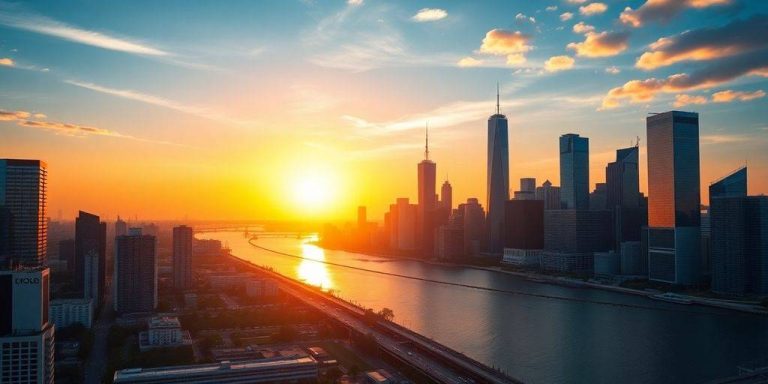 City skyline at sunrise, representing investment opportunities.