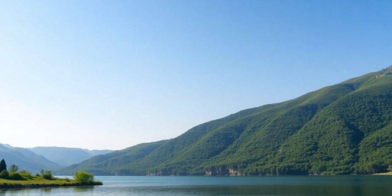 Serene lake and green hills representing investment stability.