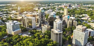 Charlotte NC skyline with modern buildings and greenery.