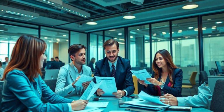 Finance professionals collaborating in a vibrant office environment.