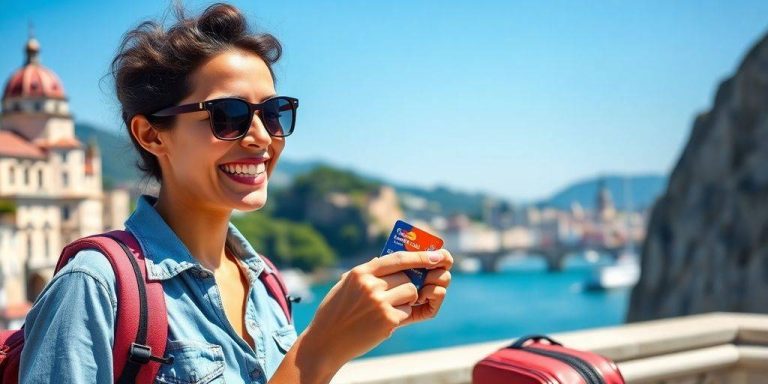 Traveler with a travel card at a scenic location.