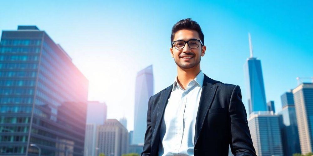 Professional in business attire with a city skyline backdrop.