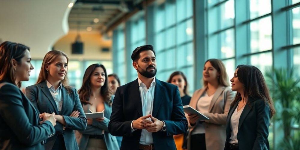 Finance professionals collaborating in a modern office setting.