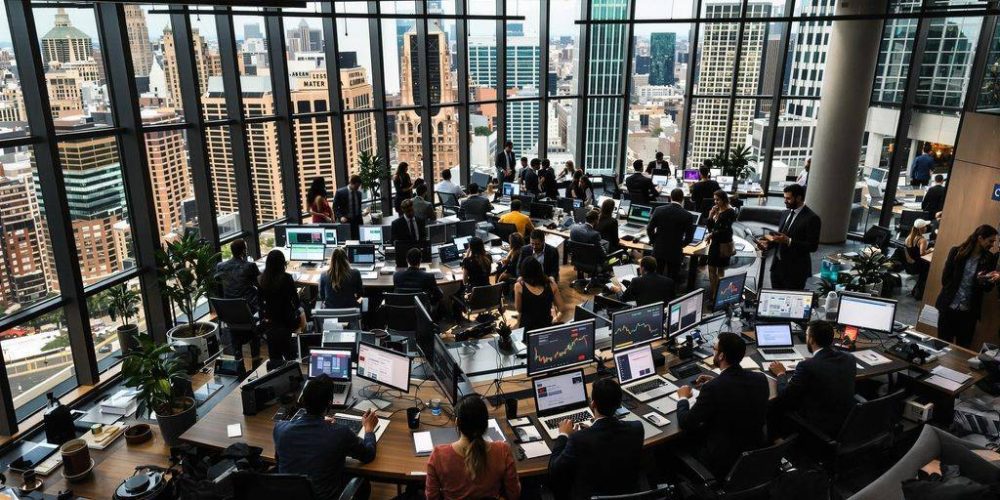 Dynamic office scene at a hedge fund with professionals.