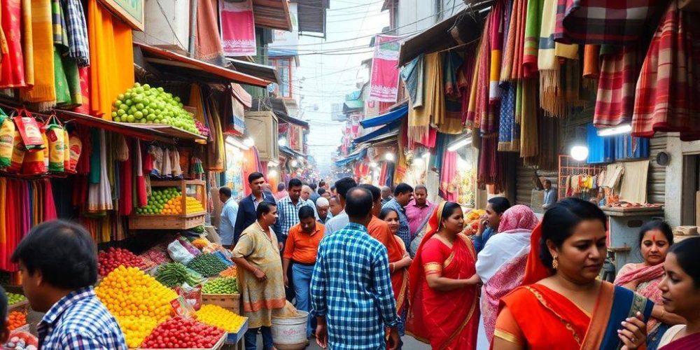 Colorful Indian market scene reflecting vibrant daily commerce.