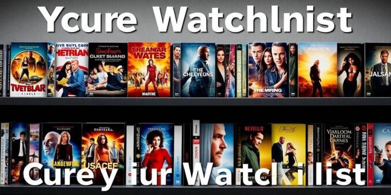 Collage of movie and TV show covers on a shelf.