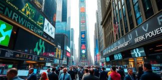 Busy financial district with traders and investors in action.