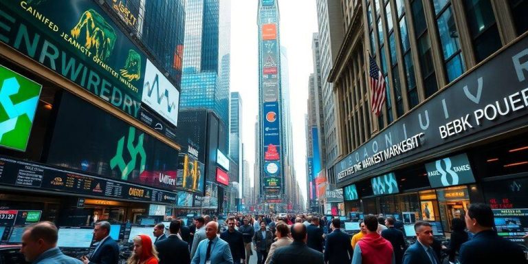 Busy financial district with traders and investors in action.