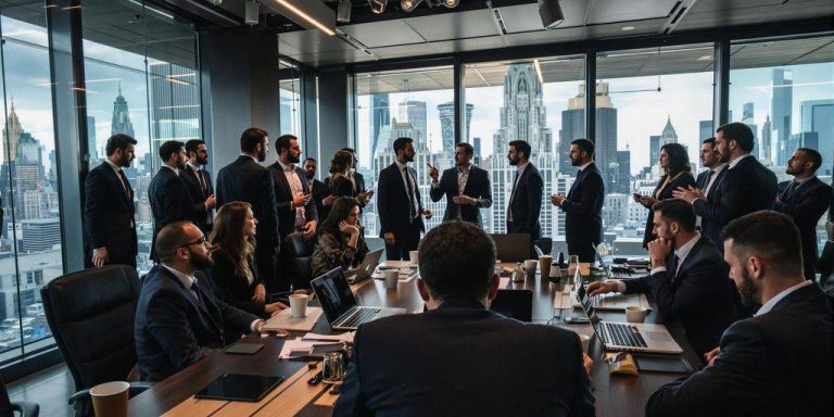 Professionals in suits discussing in a busy office setting.