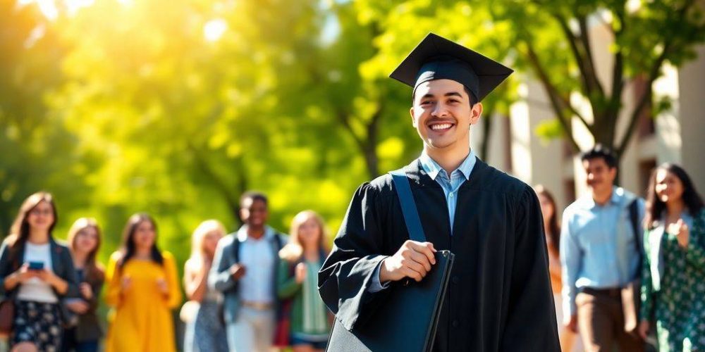 Graduate celebrating finance degree on university campus.