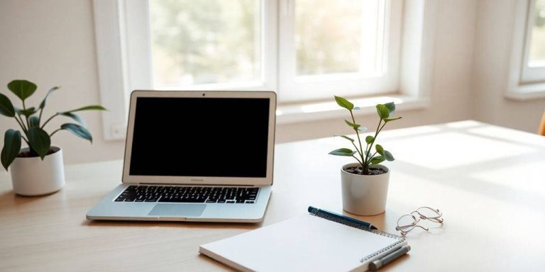 A bright financial workspace with a laptop and notepad.