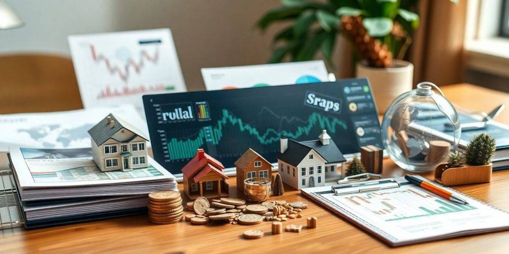 Diverse portfolio assets on a wooden desk with lighting.
