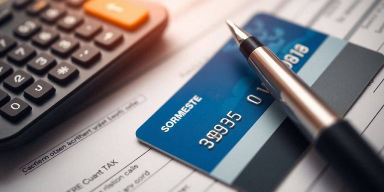 Bank card and pen on a tax document.