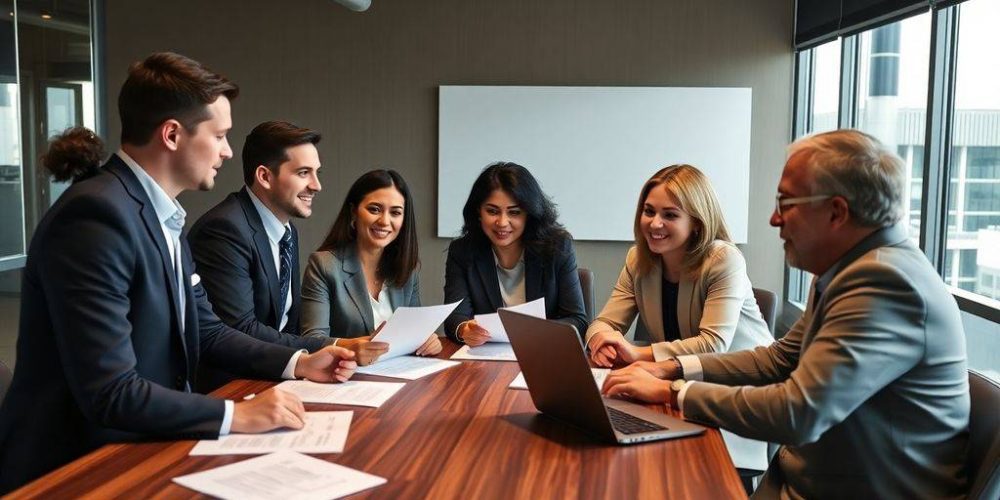 Business meeting on compliance with diverse professionals engaged.