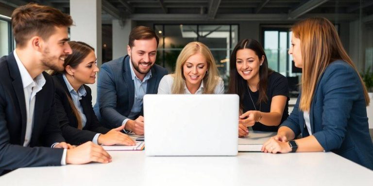 Team members collaborating in a modern office setting.
