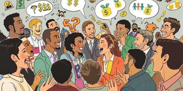 Diverse people discussing hedge fund salaries with finance elements.