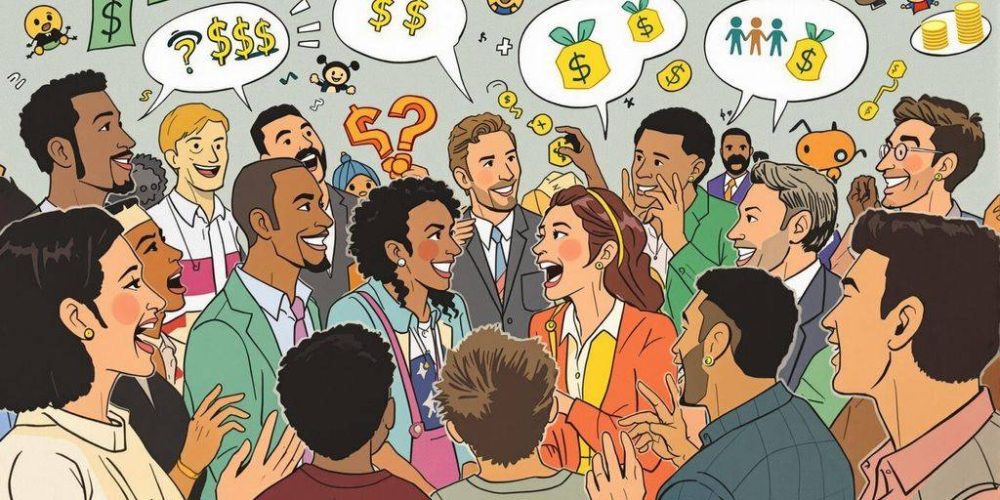 Diverse people discussing hedge fund salaries with finance elements.