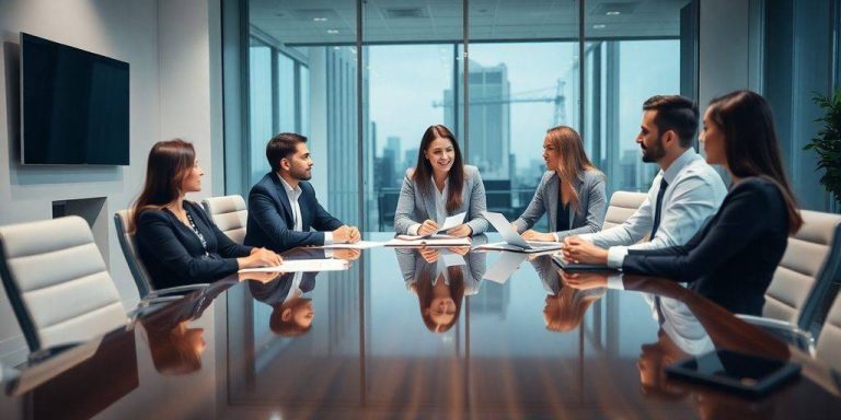 Business professionals collaborating in a bright office space.