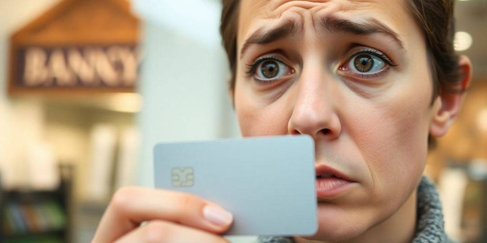Concerned person holding a credit card indoors.