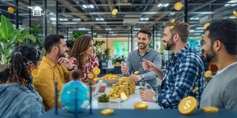 Diverse individuals discussing investment strategies in a modern office.