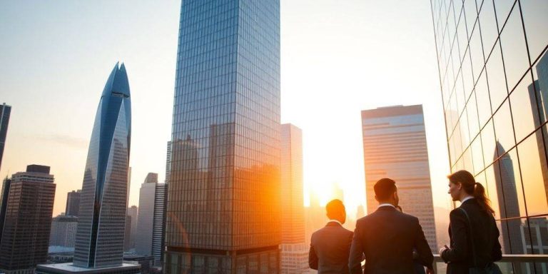 Aerial view of a modern financial district at sunset.