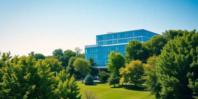 Modern office building in a green landscape with blue sky.