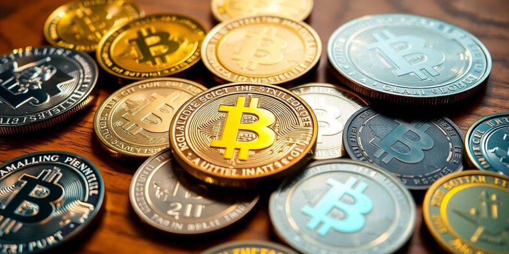 Close-up of various cryptocurrency coins on wooden surface.