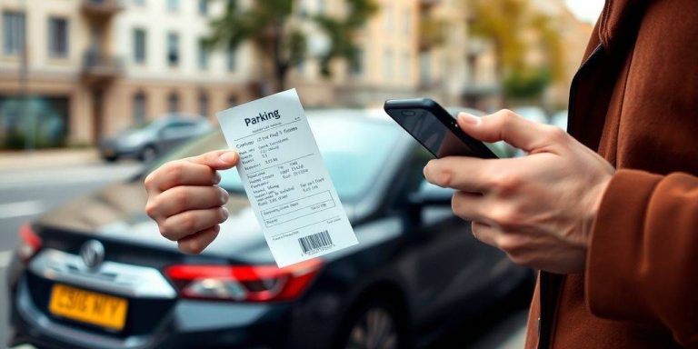 Person with parking ticket and smartphone on city street.