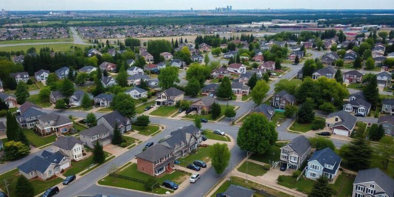 Suburban neighborhood with single-family homes and greenery.