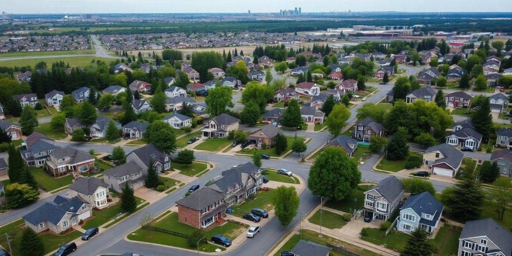 Suburban neighborhood with single-family homes and greenery.