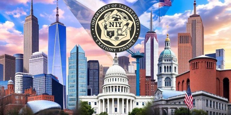 New York City landmarks and tax imagery combined creatively.