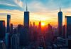 City skyline at sunset reflecting financial influence.