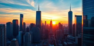 City skyline at sunset reflecting financial influence.