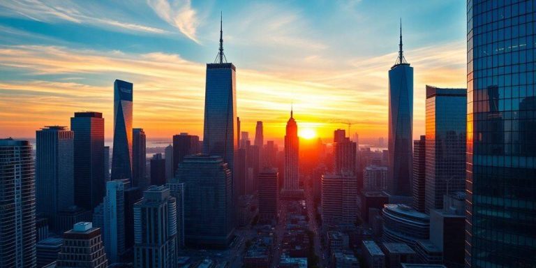 City skyline at sunset reflecting financial influence.