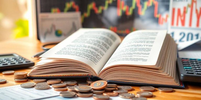 Open book with financial tools on a workspace.