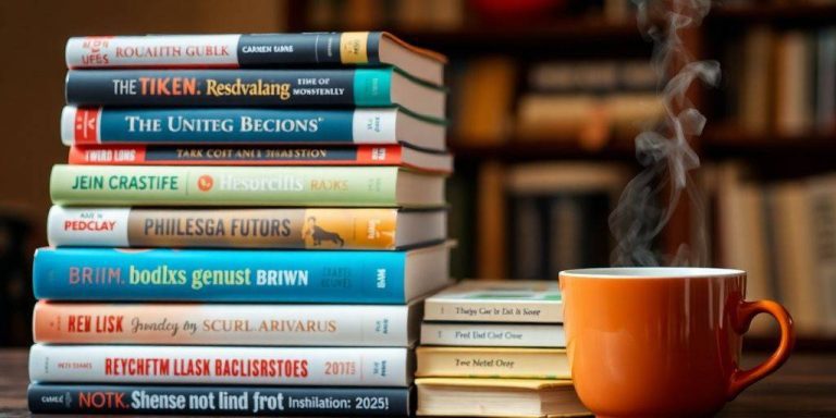 Stack of books with a coffee cup nearby.