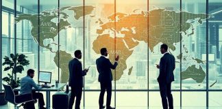 Investors collaborating in a modern global financial setting.