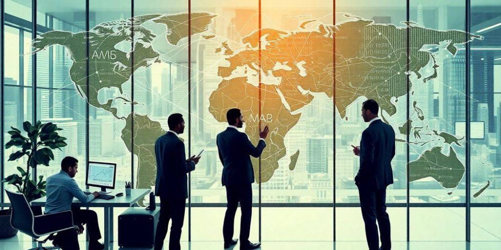 Investors collaborating in a modern global financial setting.