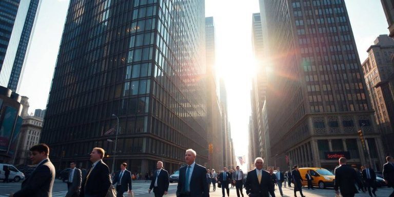 Busy financial district with professionals and skyscrapers.