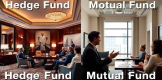 Contrasting images of hedge fund and mutual fund offices.