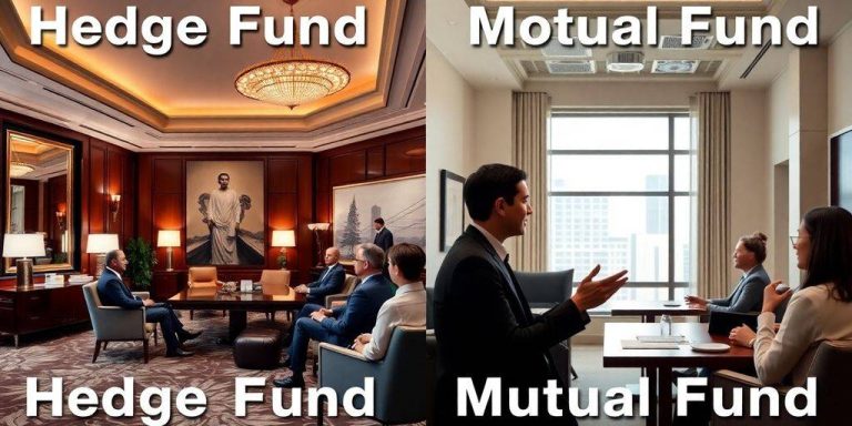 Contrasting images of hedge fund and mutual fund offices.
