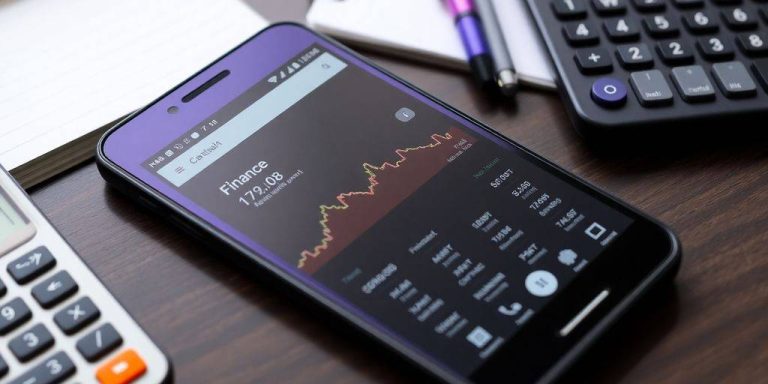 Smartphone with Google Finance app on a stylish desk.