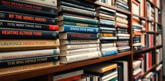 Books on hedge funds and investing on a bookshelf.