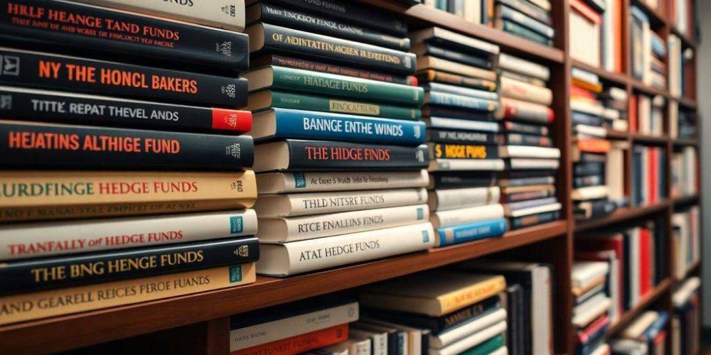 Books on hedge funds and investing on a bookshelf.